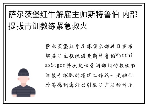 萨尔茨堡红牛解雇主帅斯特鲁伯 内部提拔青训教练紧急救火 萨尔茨堡红牛解雇主帅斯特鲁伯 内部提拔青训教练紧急救火