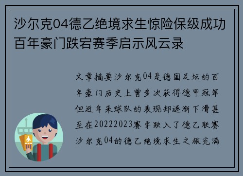 沙尔克04德乙绝境求生惊险保级成功百年豪门跌宕赛季启示风云录